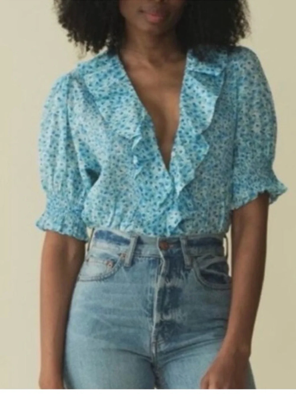 Doen Henri Blue Daisy Fields Floral Ruffle Blouse XS - Picture 3 of 8